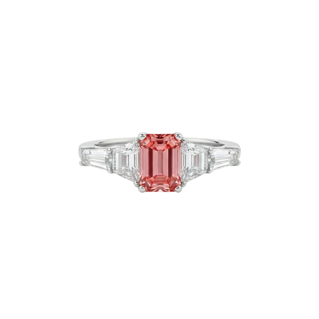 Pink Emerald Cut Ring, Trapezoid Accent Ring